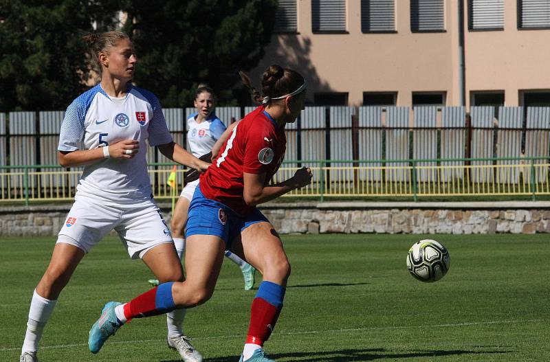 Fotbalistky České republiky do devatenácti let (červené dresy) remizovaly na hřišti v Dolním Němčí se sousedním Slovenskem 1:1.