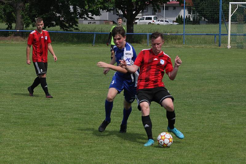 Fotbalisté Babic (červené dresy) ve 25. kole okresního přeboru Uherskohradišťska zdolali předposlední Březolupy 2:0.