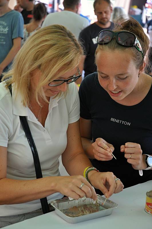 Návštěvníci nedělního programu (9. srpna 2020) gastrofestivalu v Kunovicích na Uherskohradišťsku ochutnávají "nejsmradlavější" jídlo na světě - švédskou rybí specialitu surströmming.