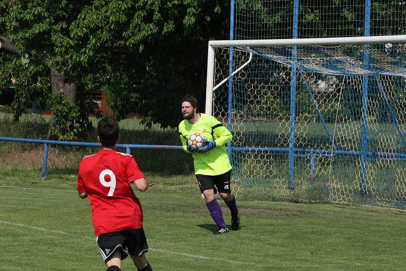 Fotbalisté Babic (červené dresy) ve 25. kole okresního přeboru Uherskohradišťska zdolali předposlední Březolupy 2:0.