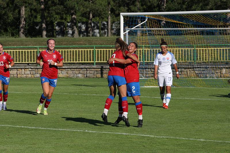 Fotbalistky České republiky do devatenácti let (červené dresy) remizovaly na hřišti v Dolním Němčí se sousedním Slovenskem 1:1.