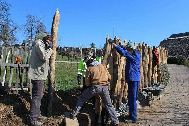 Ve skanzenu na Modré vyrůstá hypotetická konstrukce nejpevnější hradby z doby Velké Moravy s osmimetrovou věží.