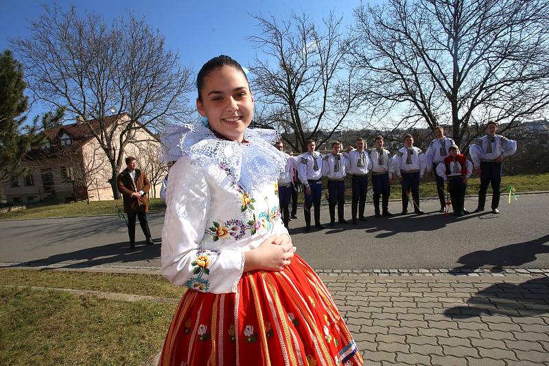 Velikonoční obchůzka   družiny  Vlčnovského  krále  Martina Dareka Franty ve Vlčnově.U Barbory Tomaštíkové.