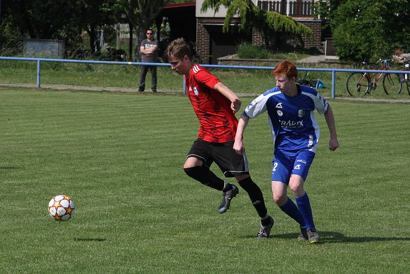 Fotbalisté Babic (červené dresy) ve 25. kole okresního přeboru Uherskohradišťska zdolali předposlední Březolupy 2:0.