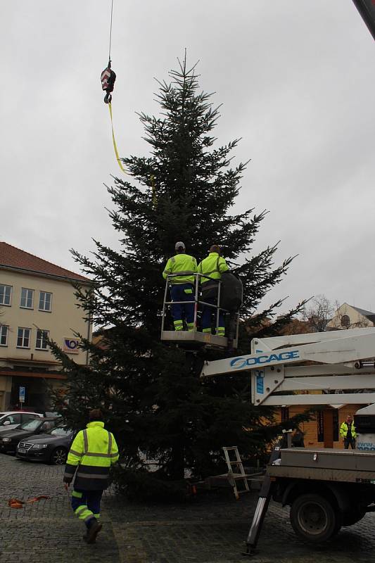 Stavění vánočního stromu na Masarykově náměstí