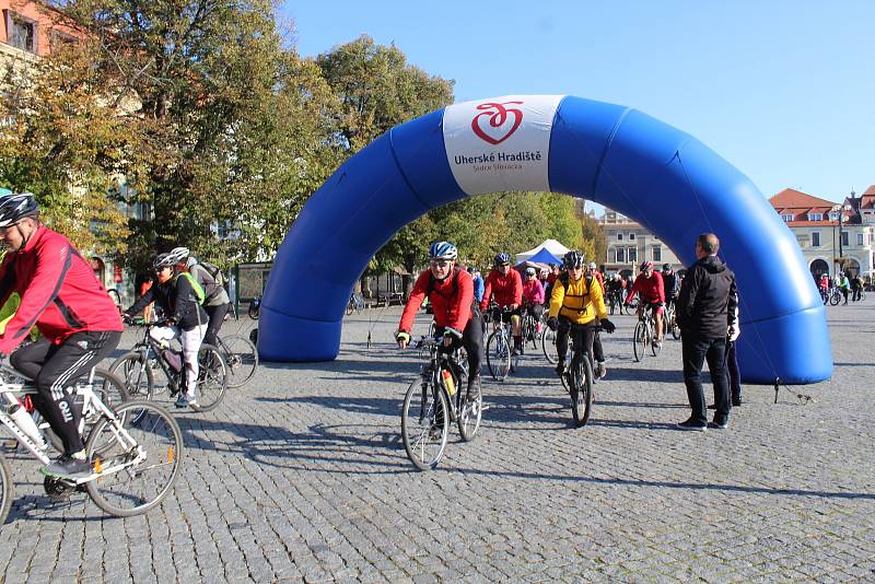 Příznivci cyklistiky a vína se 9. října dopoledne vydali z Masarykova náměstí v Uherském Hradišti do okolí v rámci tradiční akce s názvem Na kole vinohrady Uherskohradišťska.