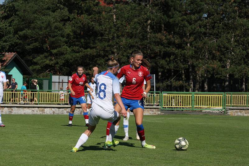 Fotbalistky České republiky do devatenácti let (červené dresy) remizovaly na hřišti v Dolním Němčí se sousedním Slovenskem 1:1.