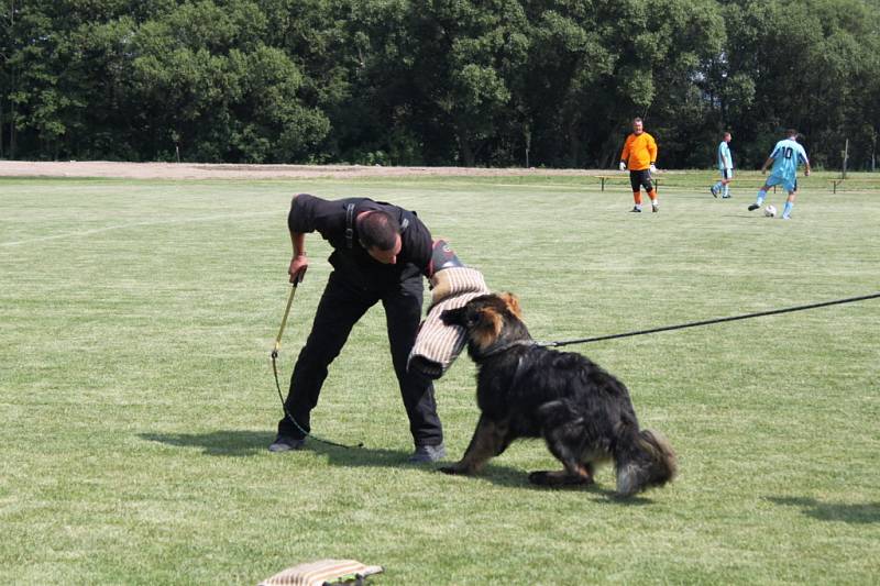 Policejní psovodi předvedli na hřišti ukázku výcviku psů.