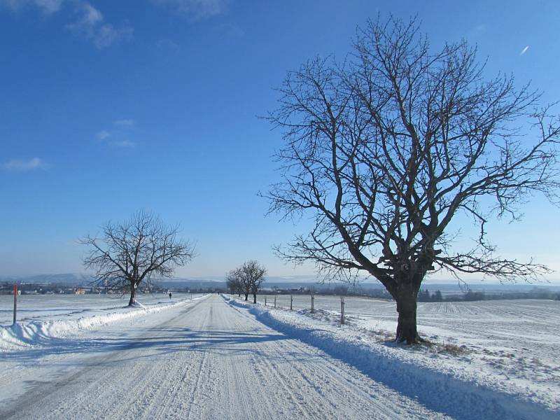 Silnice mezi Buchlovicemi a Zlechov je pokrytá sněhem.