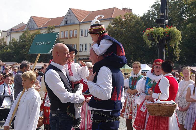 Průvod krojovaných vystartoval z Vinohradské ulice. Po dvoukilometrovém pochodu dorazili folkloristé na zaplněné Masarykovo náměstí. Ivo Valenta se vítá s Petrem Gazdíkem. Oba v doprovodu svých synků.