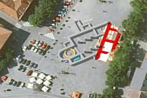 Vizualizace ukazuje „letecký“ pohled na Masarykovo náměstí s vyznačenou rekonstrukcí základů. 