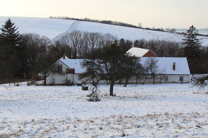 Hostějov se sněhovou pokrývkou.