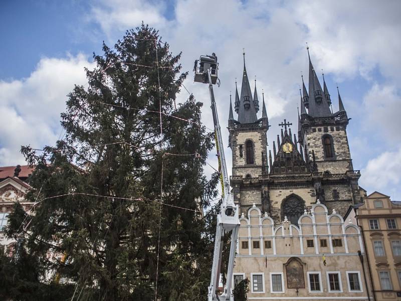 Na Staroměstském náměstí v Praze se v úterý 24. listopadu 2015 začalo se zdobením vánočního stromu a zároveň s přípravami vánočních trhů.