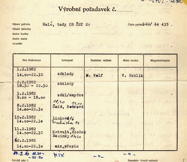 Rozpis nahrávaní jednotlivých fází písní pro pořad Haló, tady Orchestr a balet ČST včetně hrubky v příjmení Petra Kotvalda