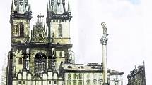 Dobový historický obraz Staroměstského náměstí a Mariánského sloupu.