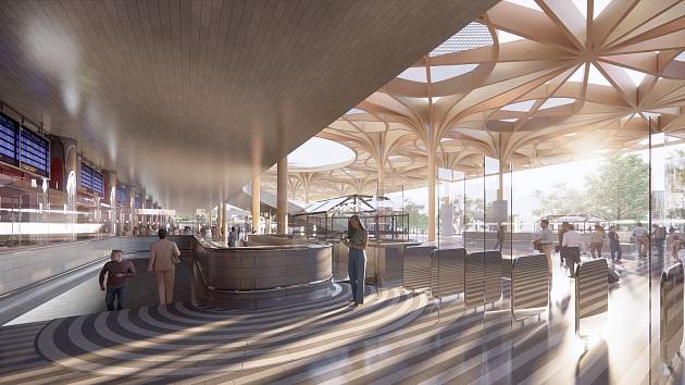 Nový Hlavák – budoucí podoba pražského hlavního nádraží podle návrhu dánského studia Henning Larsen Architects. Na vizualizaci vstup do metra.