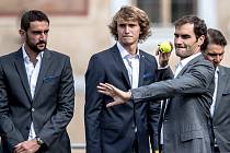 Slavnostní zahájení prvního ročníku tenisového Laver Cupu, které se konalo 20. září na Staroměstském náměstí v Praze. Marin Cilic, Alexander Zverev, Roger Federer,