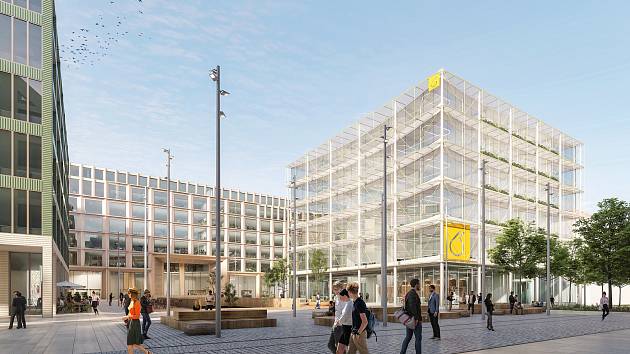 Vítězný návrh nizozemské kanceláře Benthem Crouwel Architects a pražského studia OVA neboli ov architekti ze soutěže na dostavbu 4. kvandrantu Vítězného náměstí v Dejvicích – vizualizace: pohled na nové náměstí v centrální části dostavby 4. kvadrantu s no