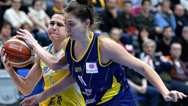 Utkání 12. kola skupiny B Evropské ligy basketbalistek: ZVVZ USK Praha - Castors Braine, ve středu 27. ledna 2016 v Praze. Zleva: Sonja Petrovičová z USK a Sidney Spencerová z týmu Castors Braine.