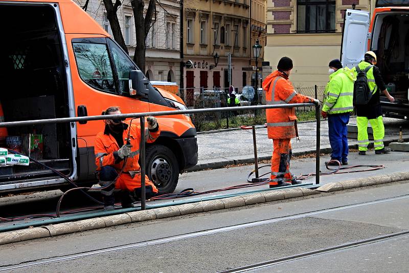 Anenský trojúhelník. Vzrostlý javor, který chce městská část Praha 1 pokácet, hlídá policie.