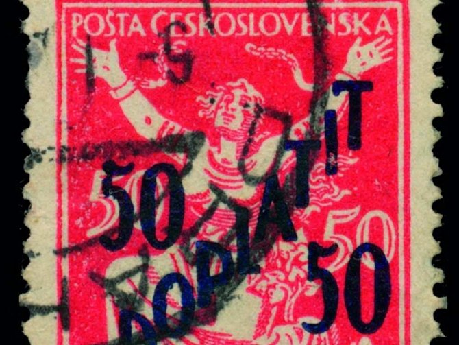 Známka, která vyšla v roce 1927 omylem. Je na ní vyznačena hodnota "50/50h Doplatit". 