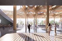 Nový Hlavák – budoucí podoba pražského hlavního nádraží podle návrhu dánského studia Henning Larsen Architects.Na vizualizaci výhled z terminálu.