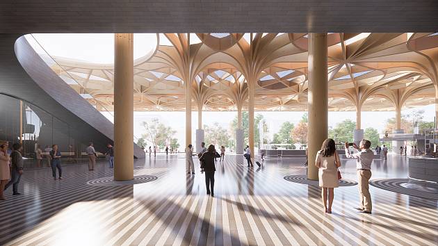 Nový Hlavák – budoucí podoba pražského hlavního nádraží podle návrhu dánského studia Henning Larsen Architects.Na vizualizaci výhled z terminálu.