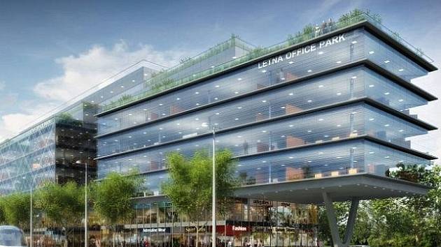 Vizualizace: moderní kancelářský komplex s názvem Letná Office Park.