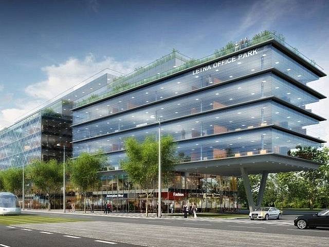 Vizualizace: moderní kancelářský komplex s názvem Letná Office Park.