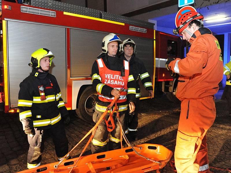 K záchraně ženy hasiči použili žebřík.