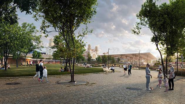 Nový Hlavák – budoucí podoba pražského hlavního nádraží podle návrhu dánského studia Henning Larsen Architects. Na vizualizaci okolí - Vrchlického sady.