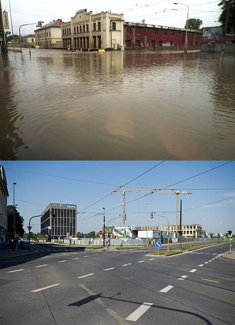 Proměna Karlína po povodních 2002. Křižovatka Sokolská, U Rustonky
