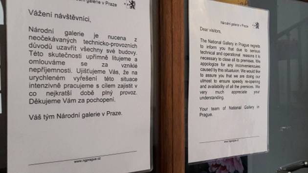 Národní galerie v Praze musela 25. února nečekaně zavřít všechny své budovy. Důvodem jsou podle oficiálního prohlášení neočekávané technicko-provozní důvody.