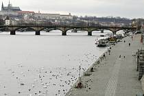 Náplavka na pravém břehu Vltavy v Praze.
