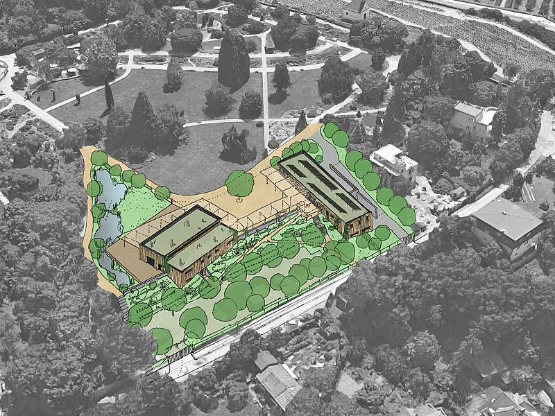 Vizualizace modernizace areálu Botanické zahrady v Praze: nový výstavní pavilon a centrum pro návštěvníky v Nádvorní ulici.