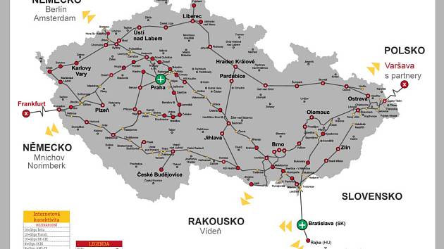 Metropolitní optická datová síť Dial Telecom na mapce České republiky.