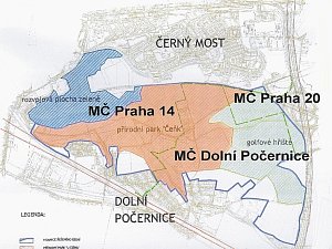 Plán parku U Čeňku. Na mapce je patrné, že území má propojit sídliště Černý Most s Dolními i Horními Počernicemi, Kyji a Hostavicemi.
