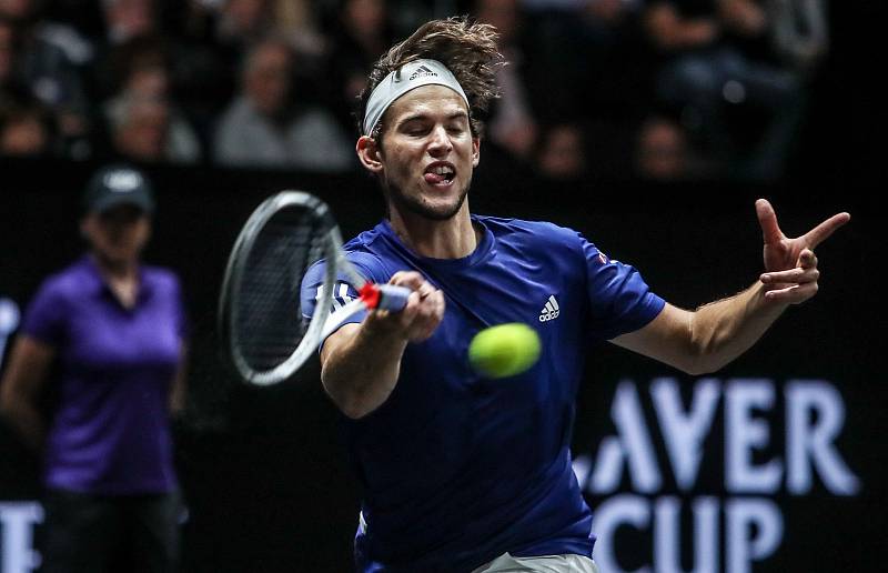 Laver cup, hraný 22. září v Praze. Zápas Dominic Thiem,Team Europe proti John Isner, Team World