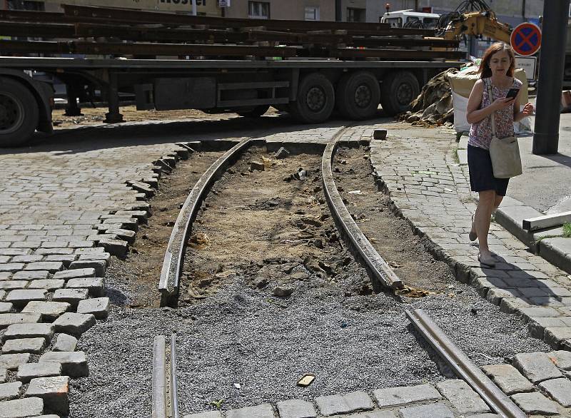 Současná Palmovka - špína, nepořádek, rozkopané ulice při rekonstrukci kolejí.