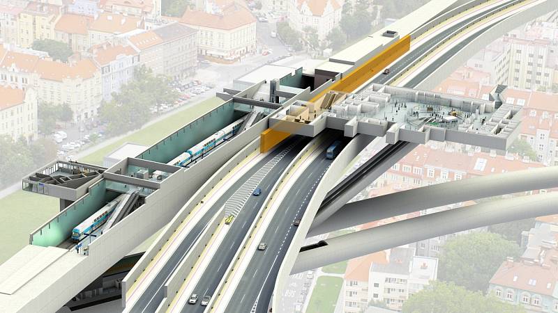Vizualizace železniční tratě z centra Prahy do Kladna s odbočkou na letiště v úseku Dejvice – Veleslavín.