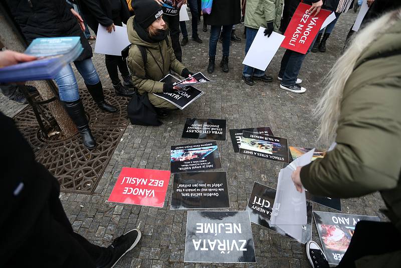 Protestní akce Tichá ulička za kapry, kterou pořádá spolek Zvířata nejíme. Obchodní centrum Nový Smíchov, Praha 5.