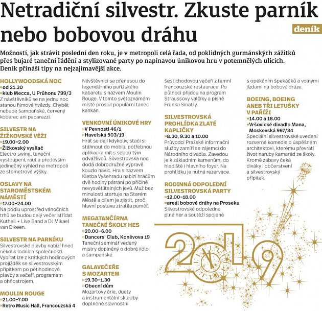 Silvestrovské oslavy příchodu roku 2019 v Praze. Infografika.
