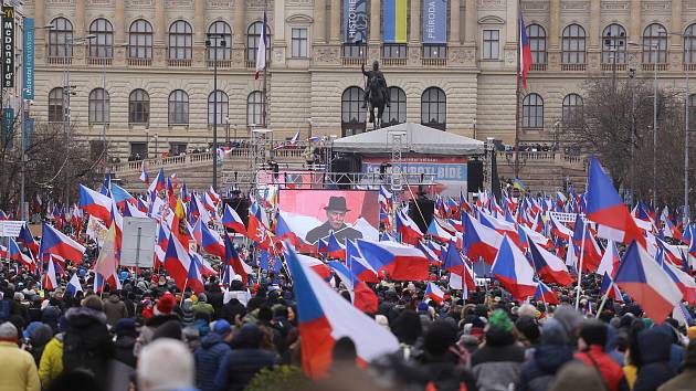 Demonstrace proti vládě na Václavském náměstí 11. března 2023.