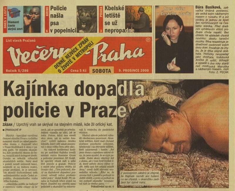 Zpráva z Večerníku Praha z prosince roku 2000 o zatčení Jiřího Kajínka v bytě Ludvíka Černého.