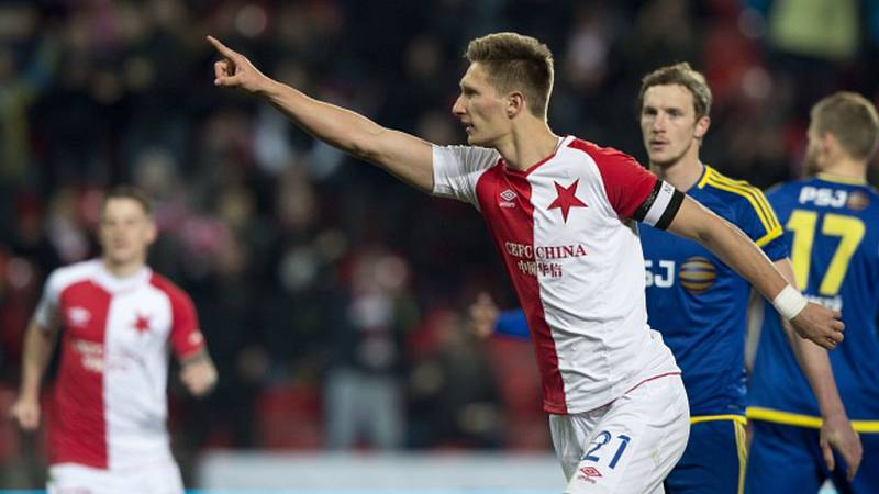 SK Slavia Praha - FC Vysočina Jihlava. Milan Škoda ze Slavie se raduje ze svého druhého gólu.