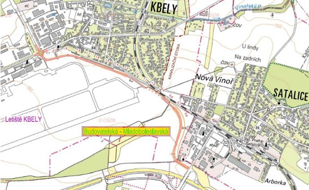 Mapa nové spojky Budovatelská – Mladoboleslavská.
