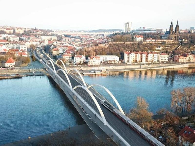 Vizualizace železničního mostu na pražské Výtoni.