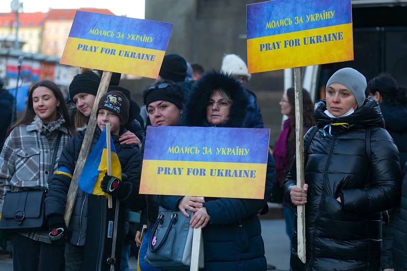 Z demonstrace Zastavme válku na Ukrajině! v pátek 25. února 2022.