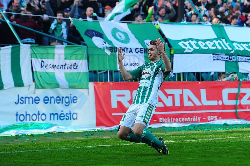 Fotbalové utkání HET ligy mezi celky Bohemians Praha 1905  a FC Viktoria Plzeň 8. dubna v Praze. Dominik Mašek se raduje z branky.