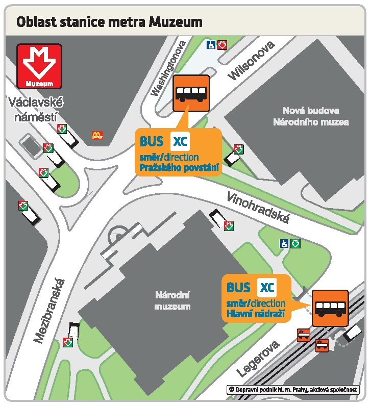 Kde najdete náhradní bus ve stanici Muzeum.